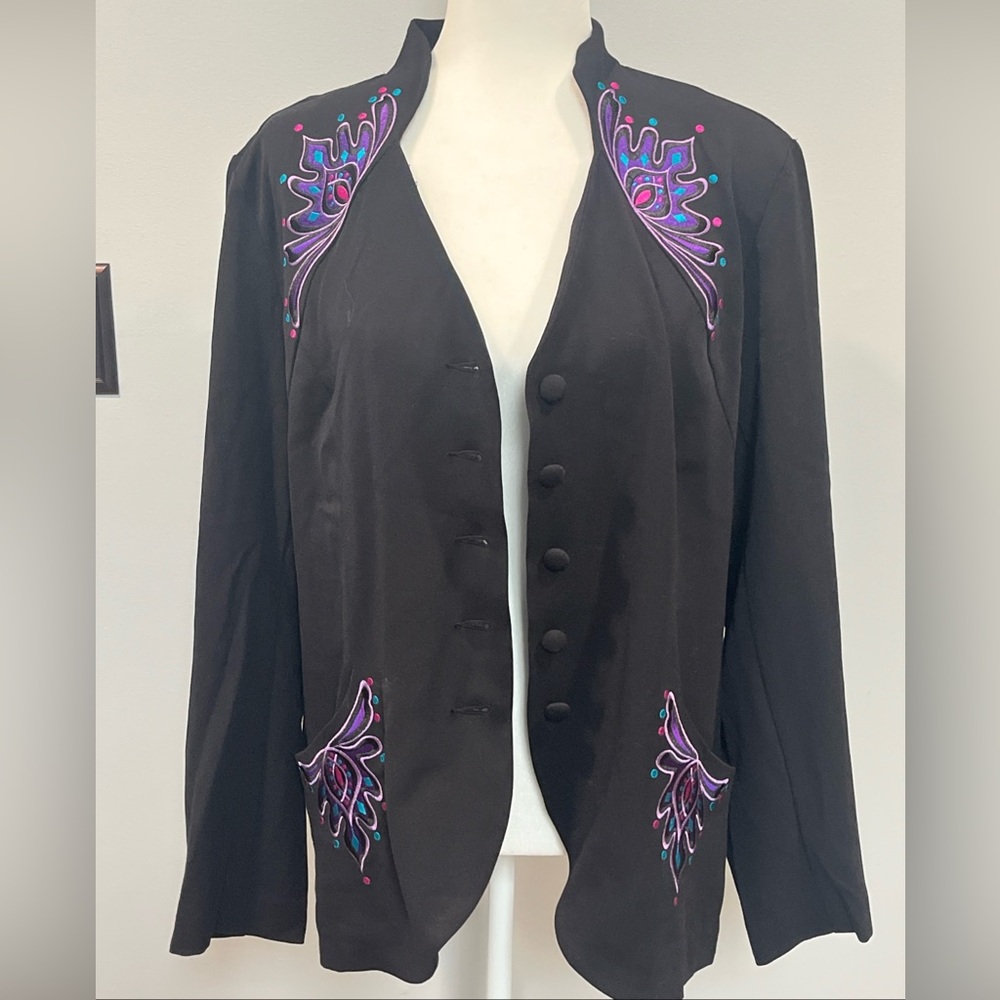 BOB MACKIE WEARABLE ART Blazer Size L Black Multi Embroidered Button Front NWT‎ - Picture 2 of 10